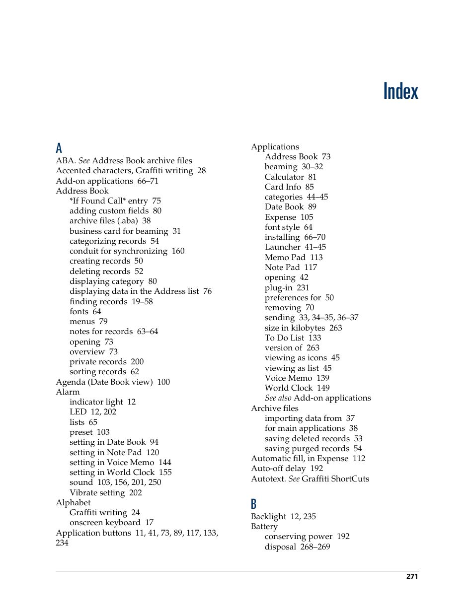 Index | Palm Tungsten T Handhelds User Manual | Page 281 / 290