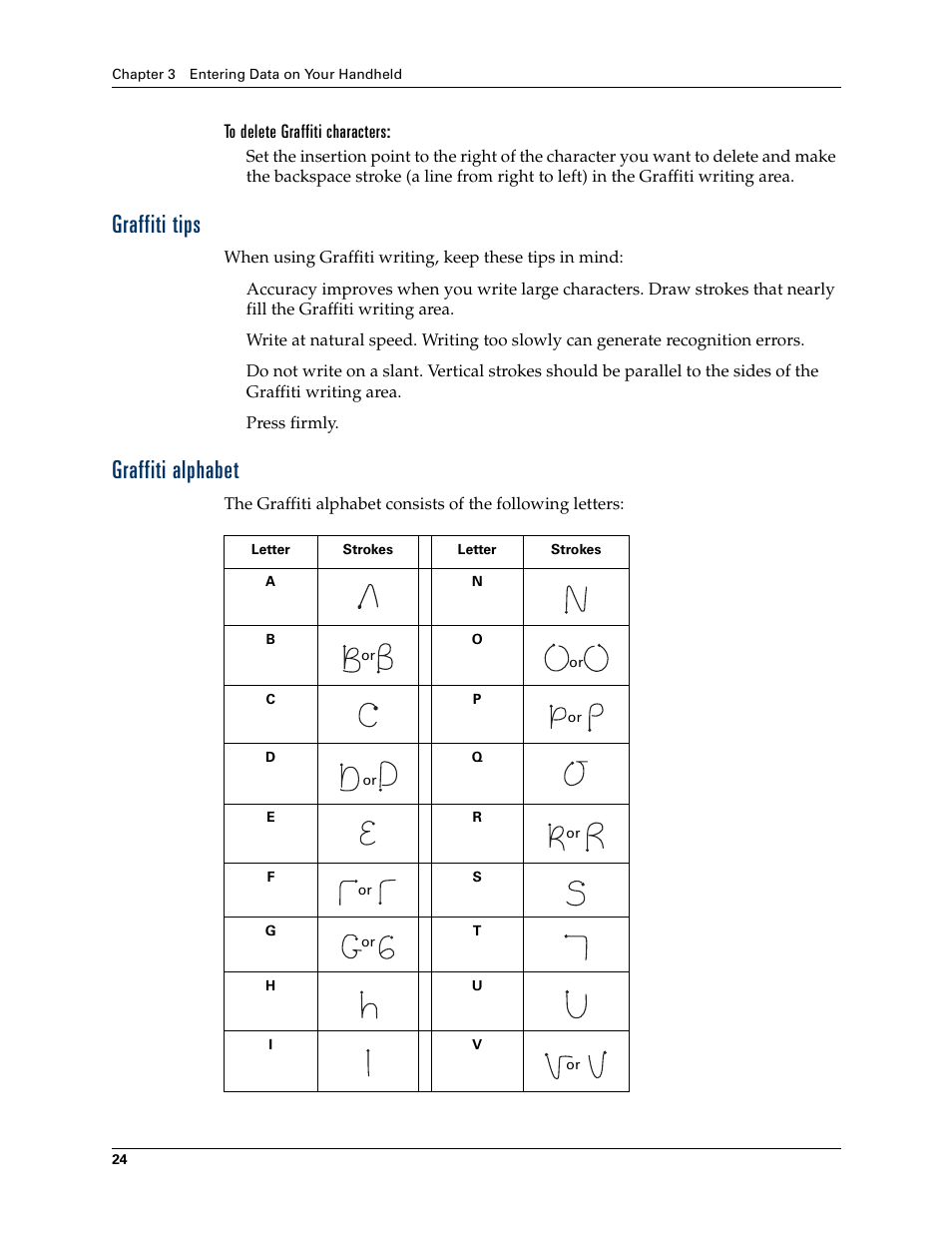 To delete graffiti characters, Graffiti tips, Graffiti alphabet | Graffiti tips graffiti alphabet, Press firmly | Palm Tungsten T Handhelds User Manual | Page 34 / 290