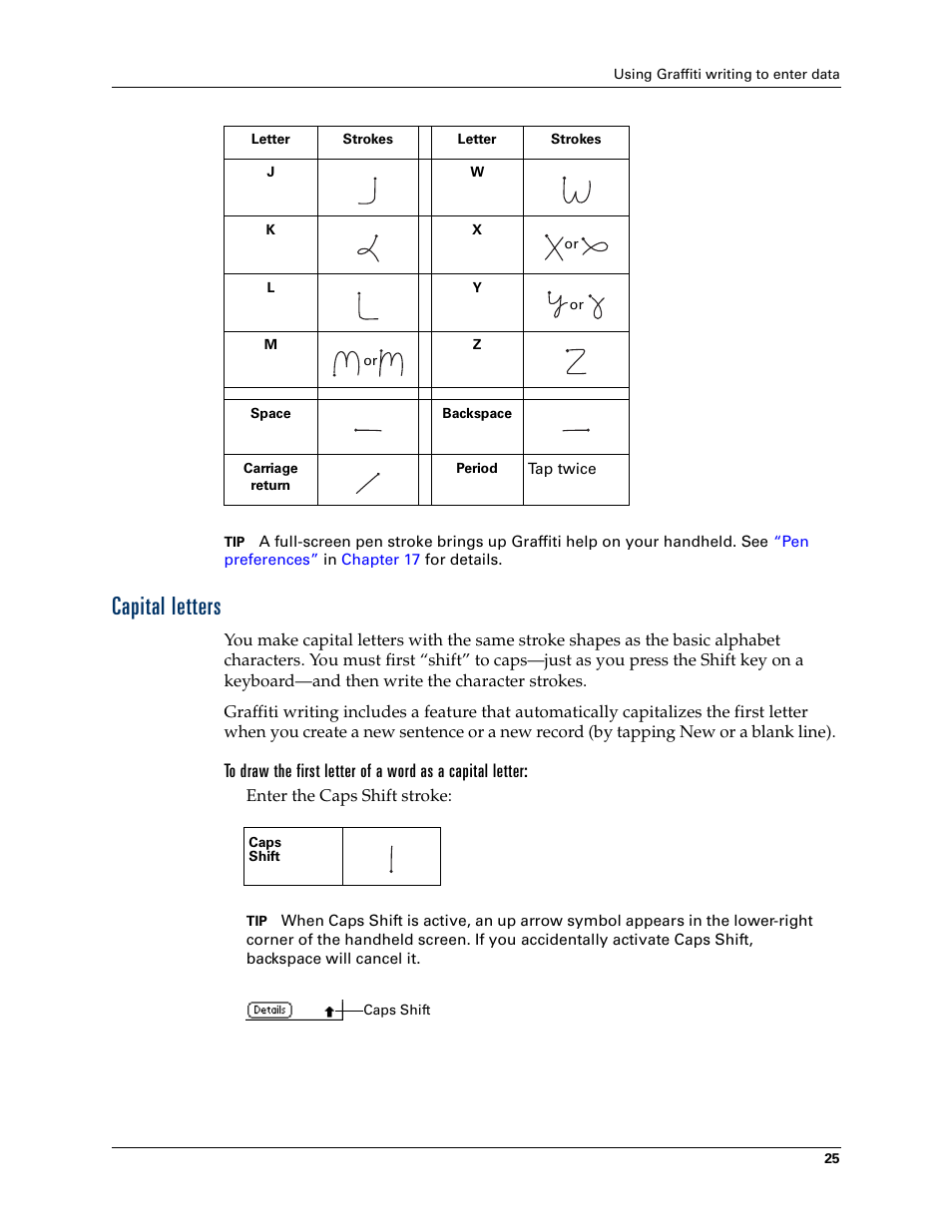 Capital letters | Palm Tungsten T Handhelds User Manual | Page 35 / 290