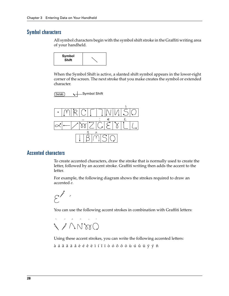 Symbol characters, Accented characters, Symbol characters accented characters | Palm Tungsten T Handhelds User Manual | Page 38 / 290