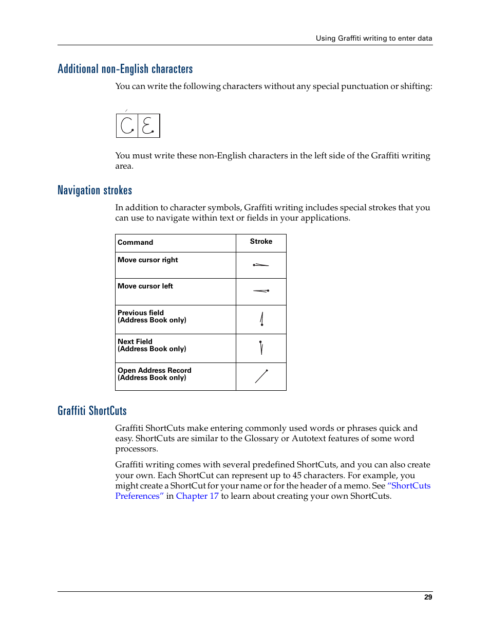 Additional non-english characters, Navigation strokes, Graffiti shortcuts | Palm Tungsten T Handhelds User Manual | Page 39 / 290
