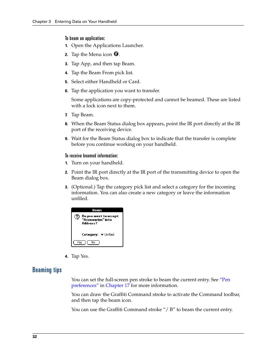 To beam an application, To receive beamed information, Beaming tips | Palm Tungsten T Handhelds User Manual | Page 42 / 290