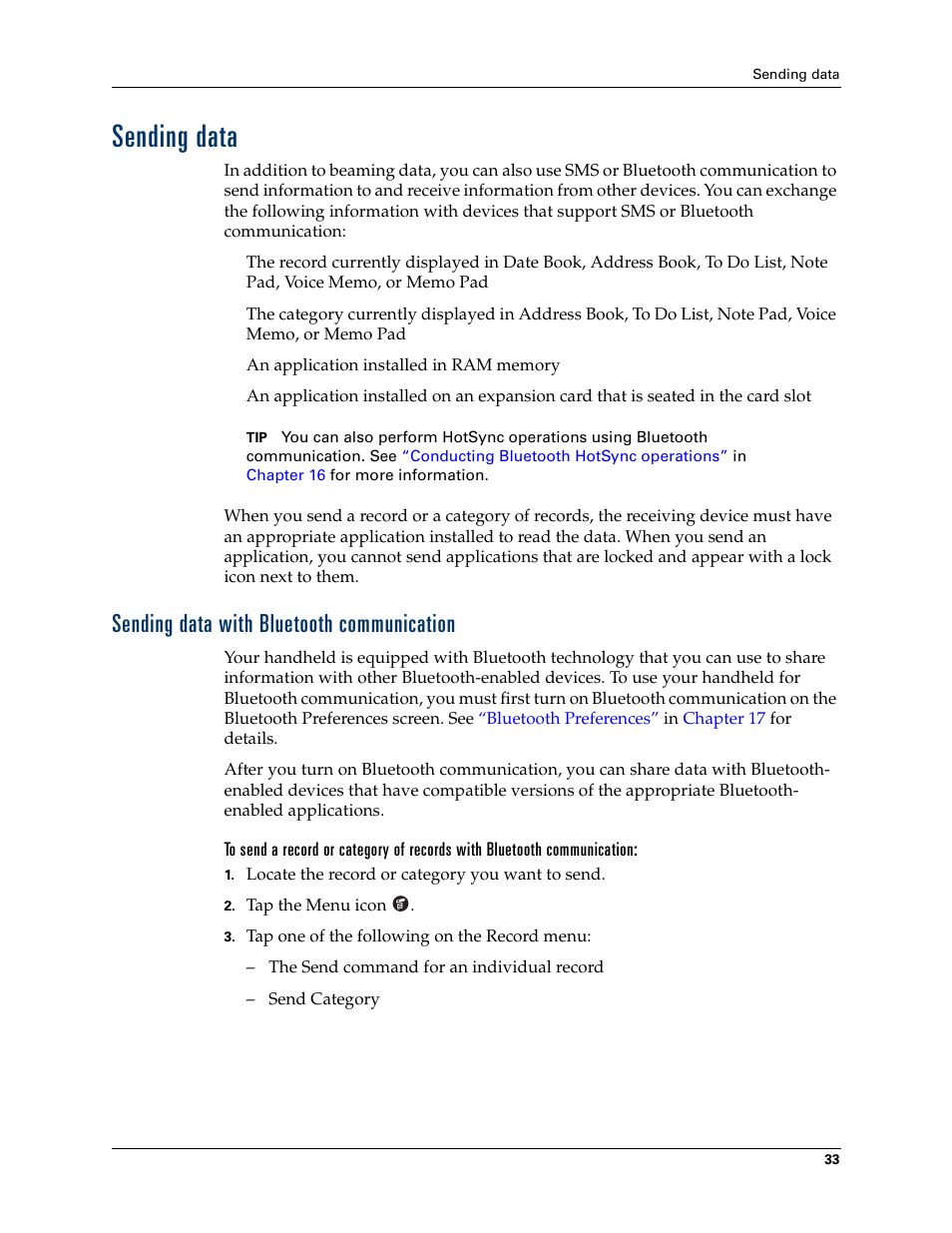 Sending data, Sending data with bluetooth communication | Palm Tungsten T Handhelds User Manual | Page 43 / 290