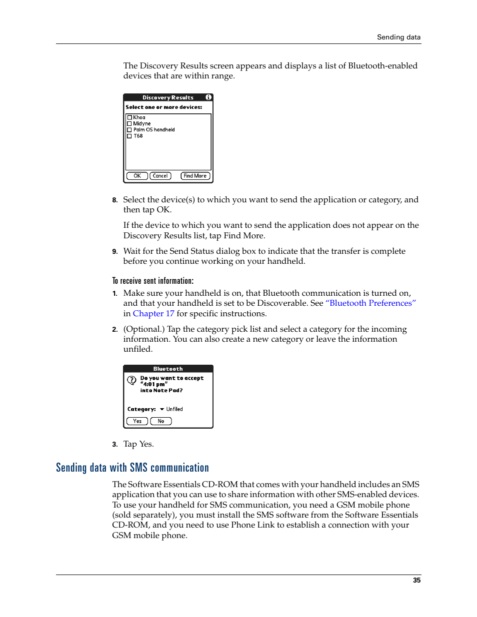To receive sent information, Sending data with sms communication | Palm Tungsten T Handhelds User Manual | Page 45 / 290