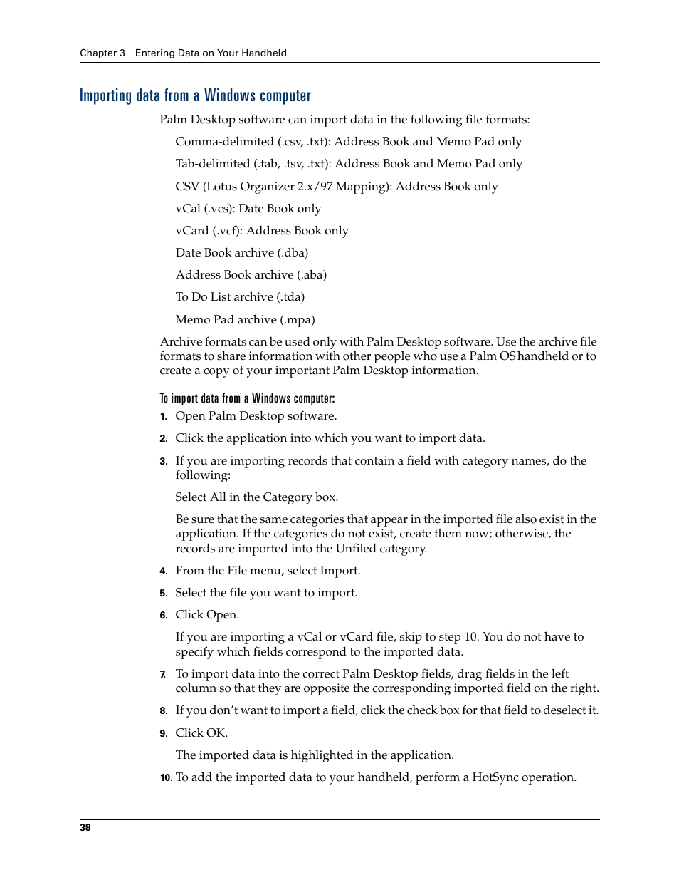 Importing data from a windows computer, To import data from a windows computer | Palm Tungsten T Handhelds User Manual | Page 48 / 290