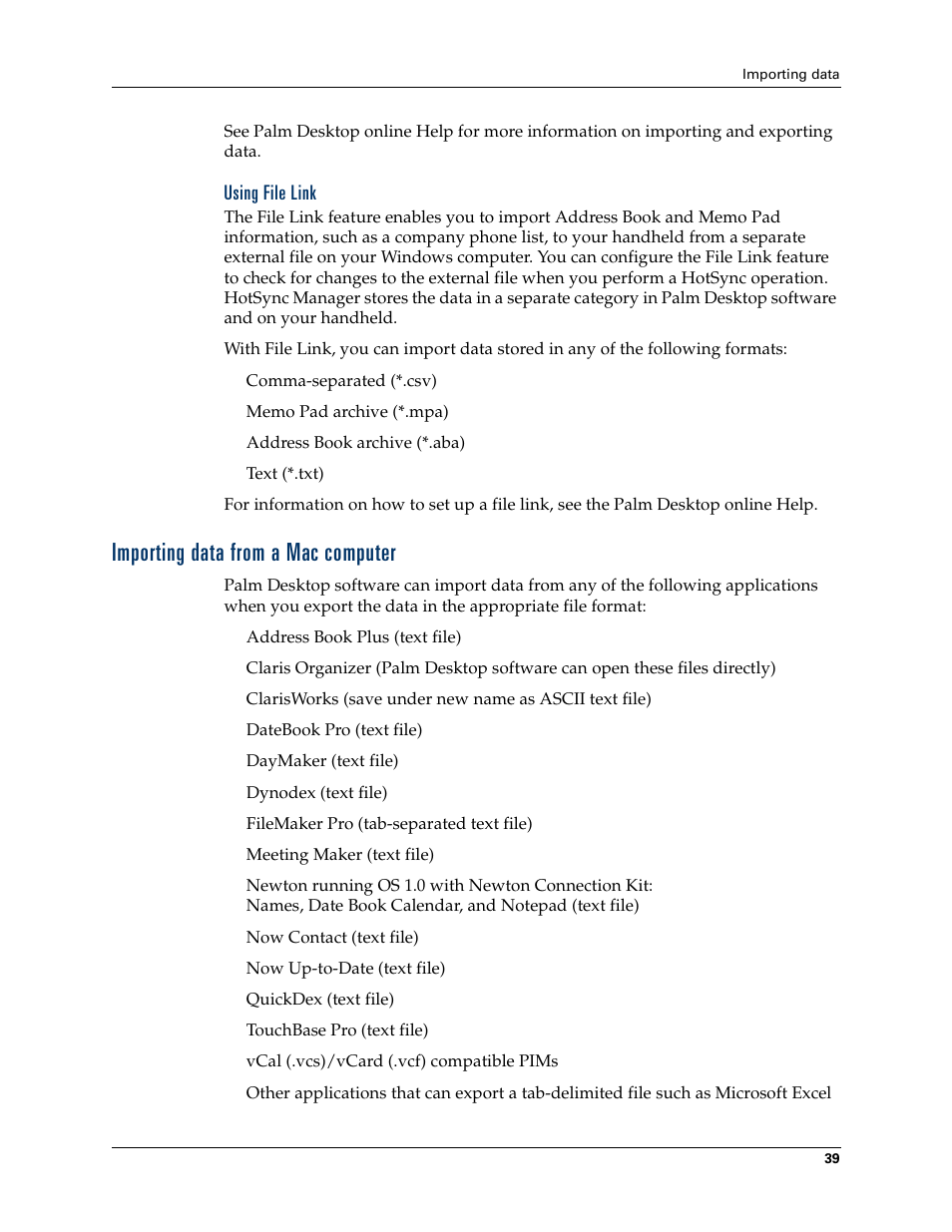 Using file link, Importing data from a mac computer | Palm Tungsten T Handhelds User Manual | Page 49 / 290