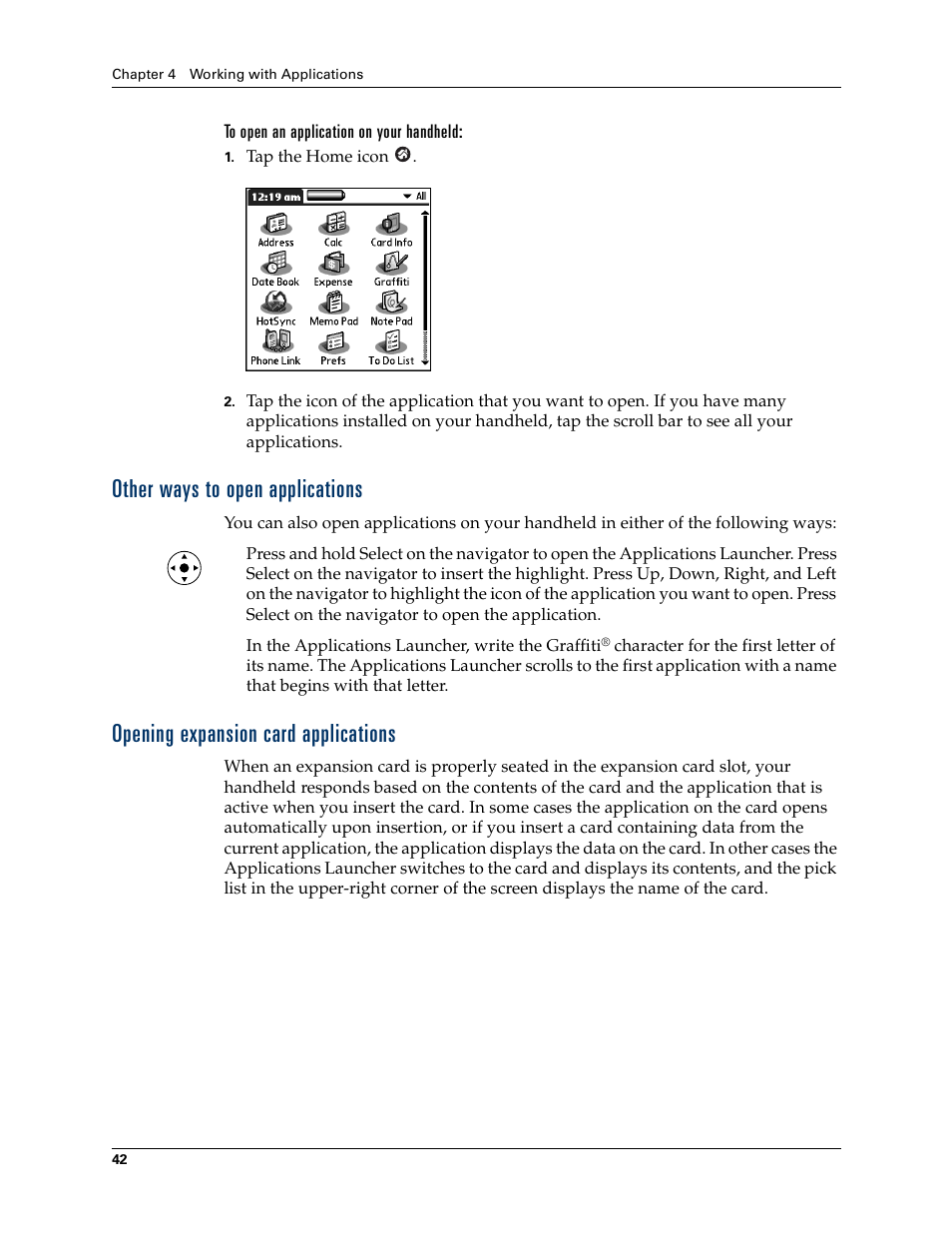 To open an application on your handheld, Other ways to open applications, Opening expansion card applications | Palm Tungsten T Handhelds User Manual | Page 52 / 290