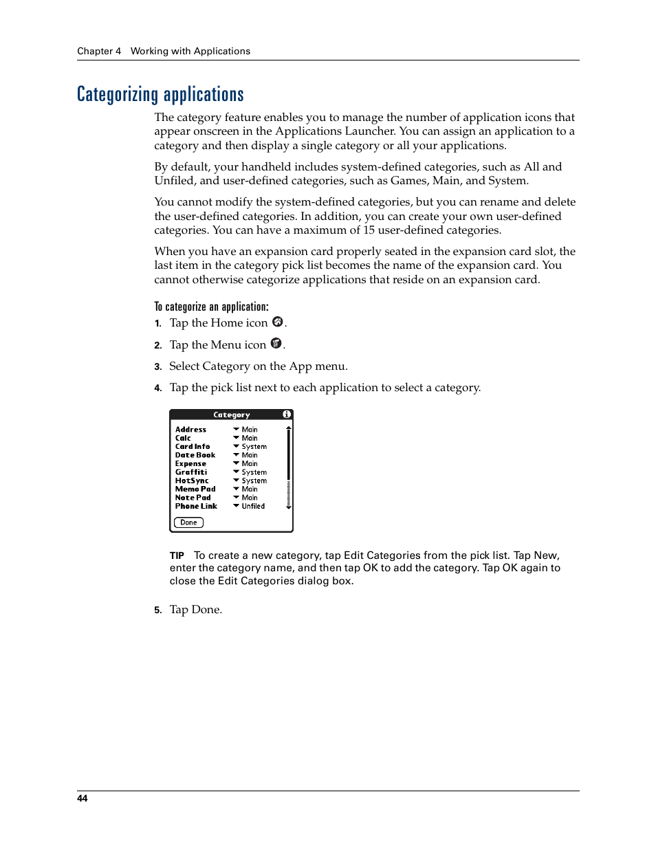 Categorizing applications, To categorize an application | Palm Tungsten T Handhelds User Manual | Page 54 / 290