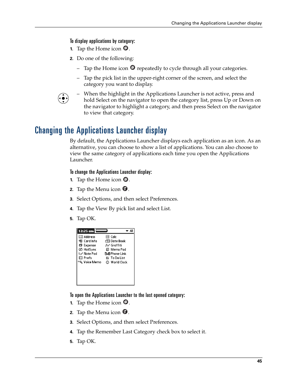 To display applications by category, Changing the applications launcher display, To change the applications launcher display | Palm Tungsten T Handhelds User Manual | Page 55 / 290