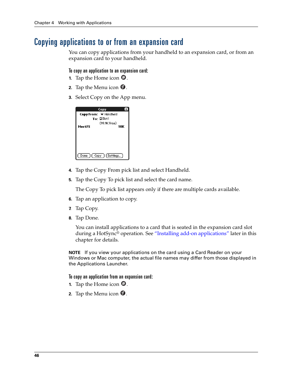 Copying applications to or from an expansion card, To copy an application to an expansion card, To copy an application from an expansion card | Palm Tungsten T Handhelds User Manual | Page 56 / 290