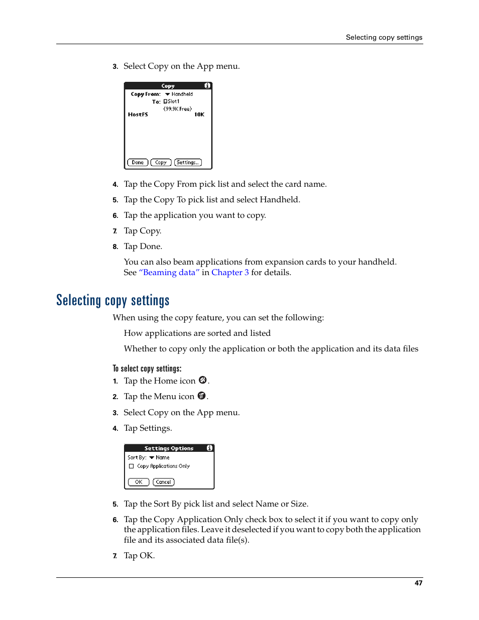 Selecting copy settings, To select copy settings | Palm Tungsten T Handhelds User Manual | Page 57 / 290