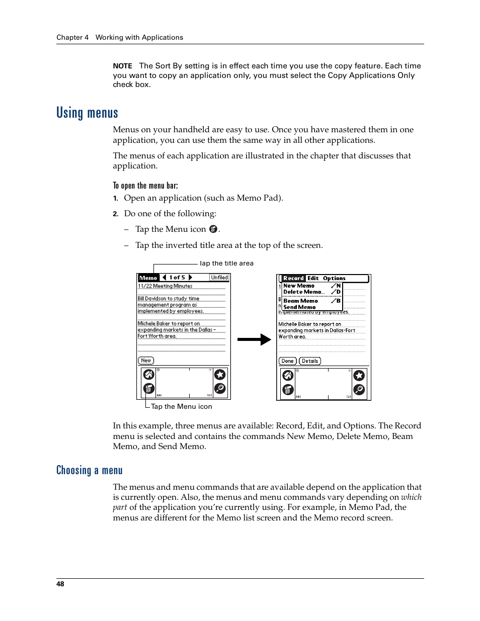 Using menus, To open the menu bar, Choosing a menu | Palm Tungsten T Handhelds User Manual | Page 58 / 290