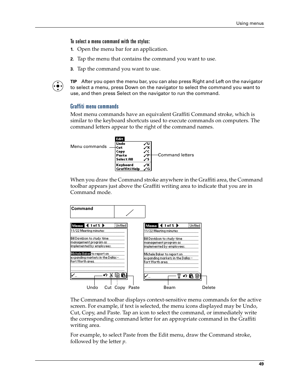 To select a menu command with the stylus, Graffiti menu commands | Palm Tungsten T Handhelds User Manual | Page 59 / 290