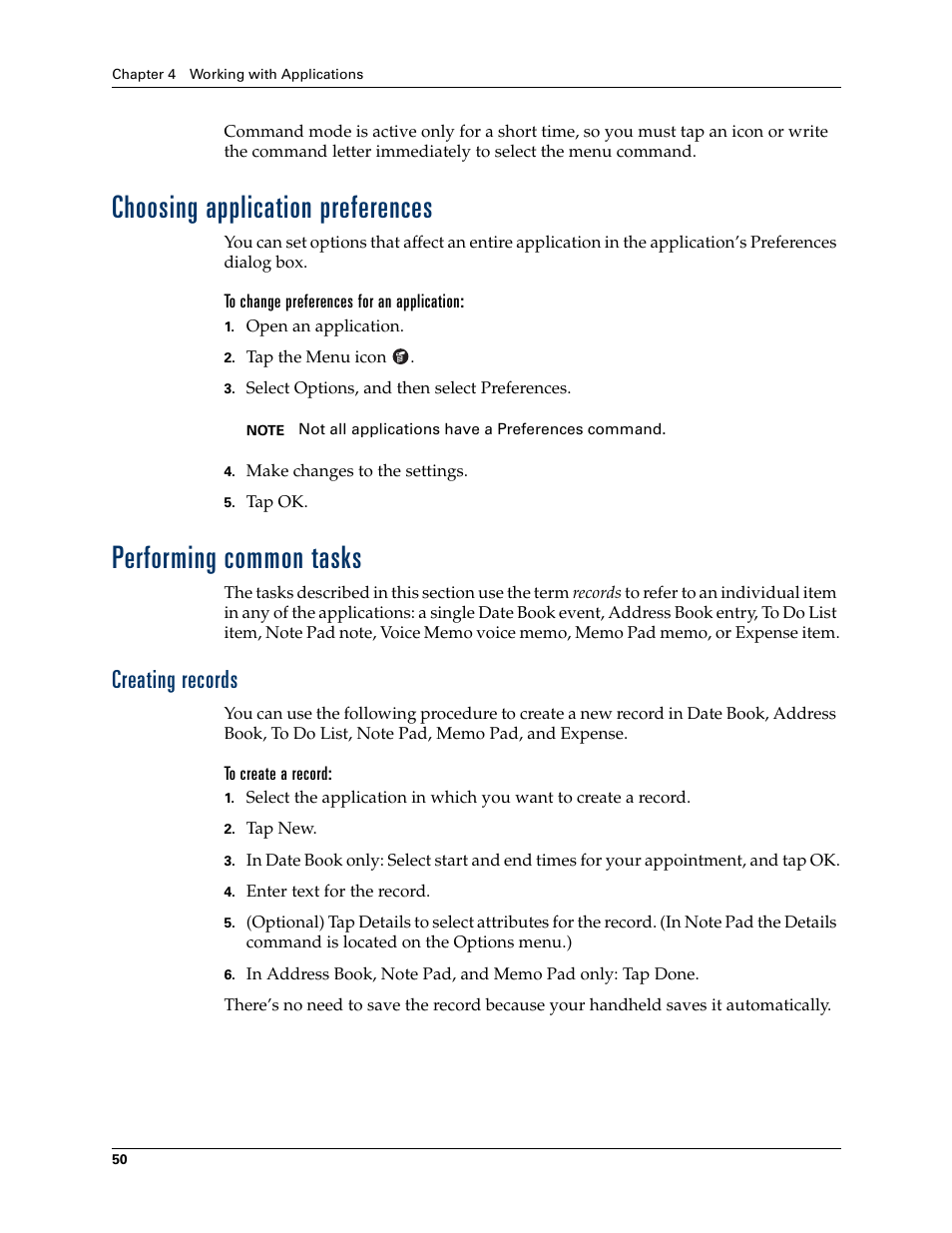 Choosing application preferences, To change preferences for an application, Performing common tasks | Creating records, To create a record | Palm Tungsten T Handhelds User Manual | Page 60 / 290