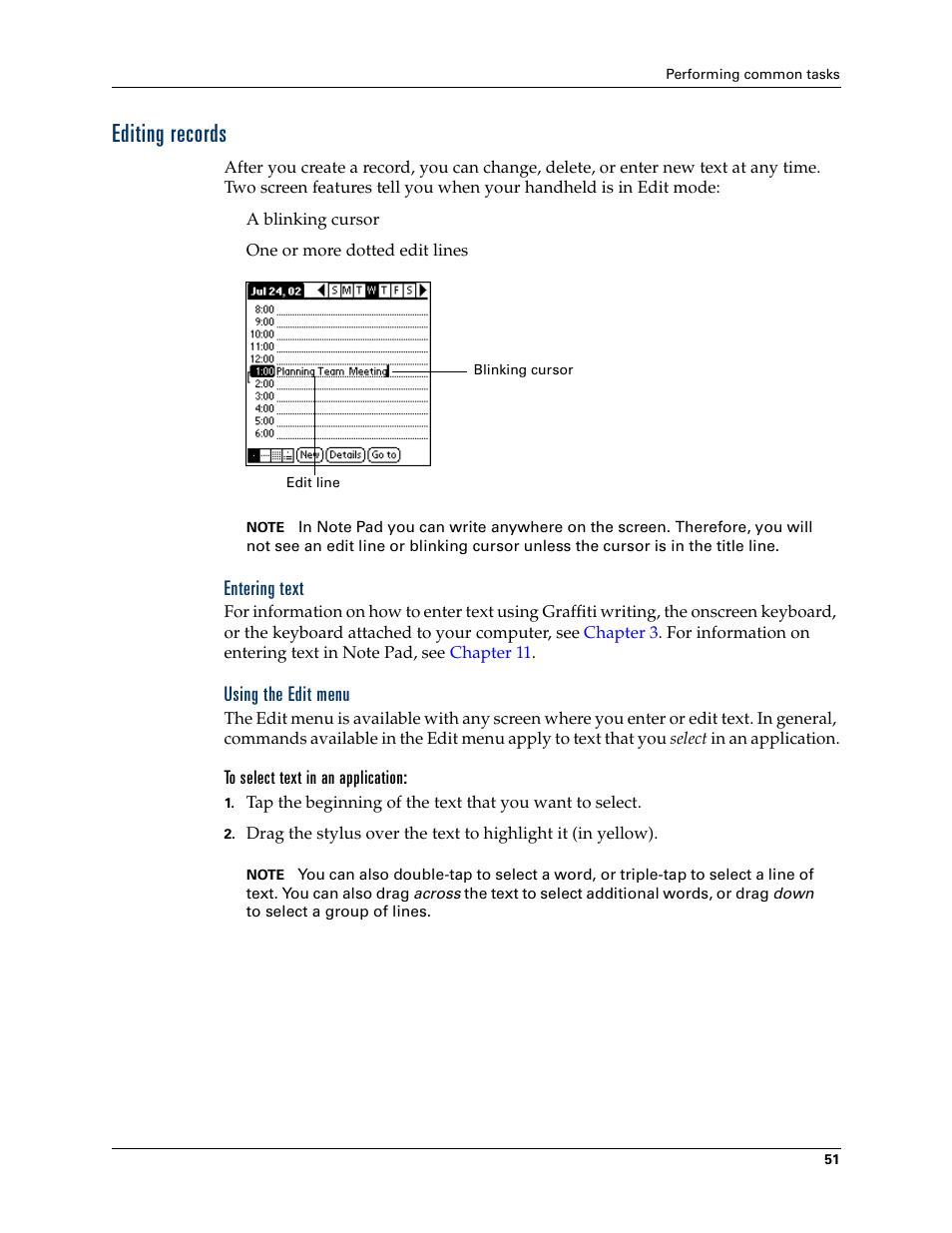 Editing records, Entering text, Using the edit menu | To select text in an application | Palm Tungsten T Handhelds User Manual | Page 61 / 290