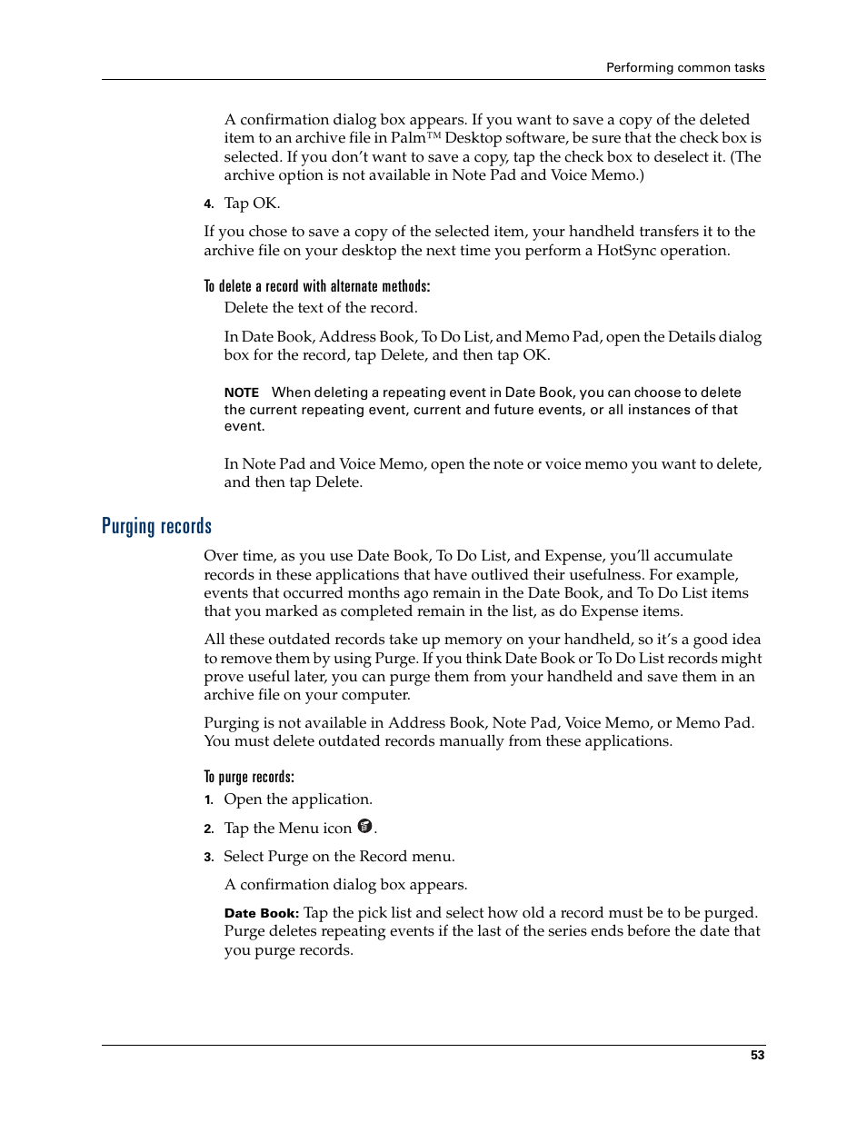 To delete a record with alternate methods, Purging records, To purge records | Palm Tungsten T Handhelds User Manual | Page 63 / 290