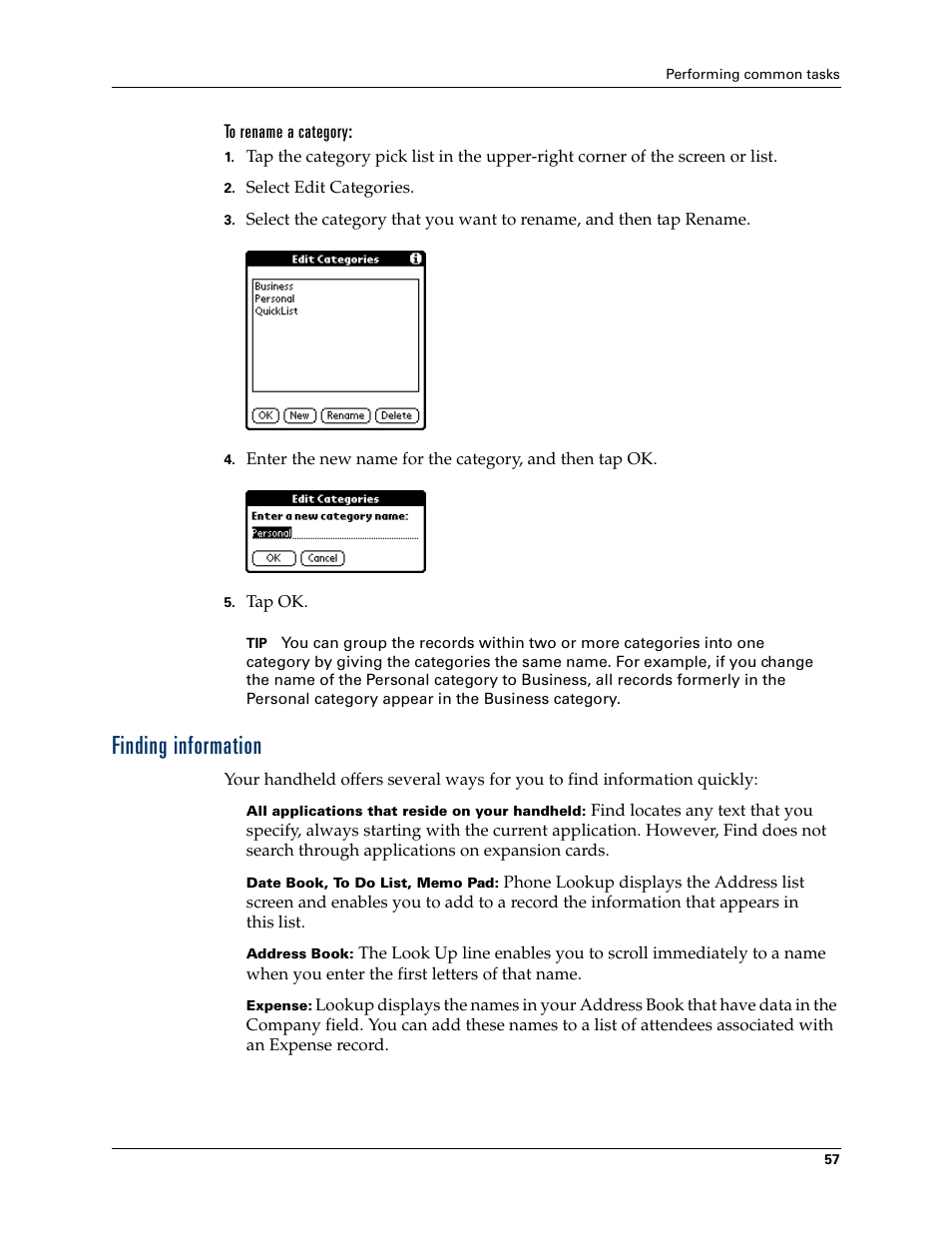 To rename a category, Finding information, Finding | Information | Palm Tungsten T Handhelds User Manual | Page 67 / 290