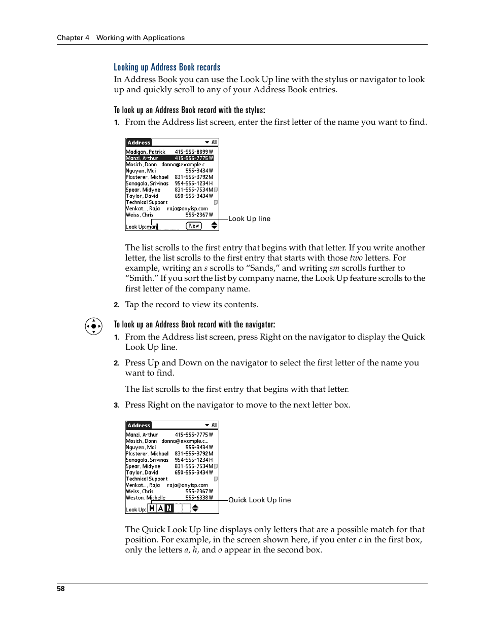 Looking up address book records, To look up an address book record with the stylus | Palm Tungsten T Handhelds User Manual | Page 68 / 290