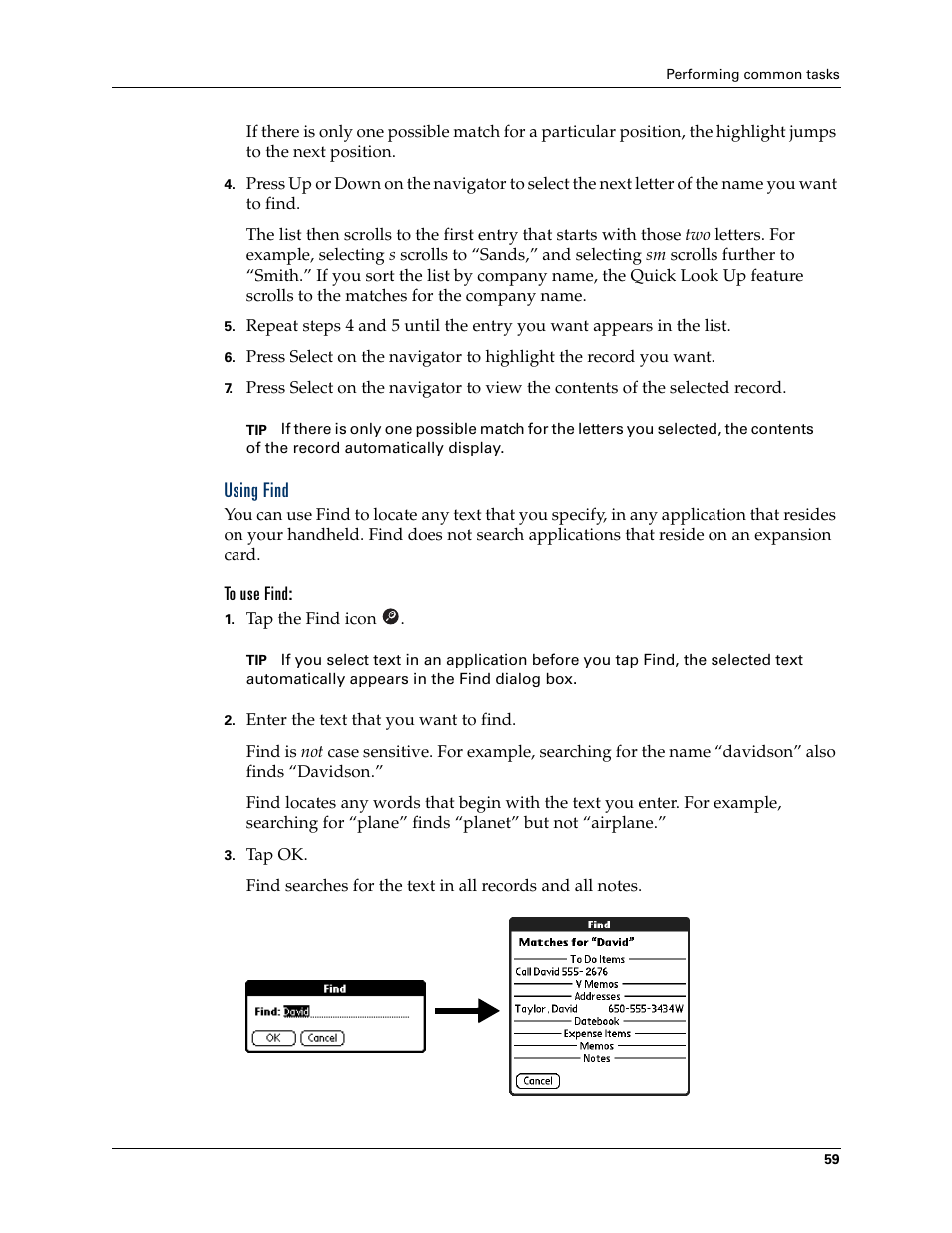 Using find, To use find | Palm Tungsten T Handhelds User Manual | Page 69 / 290