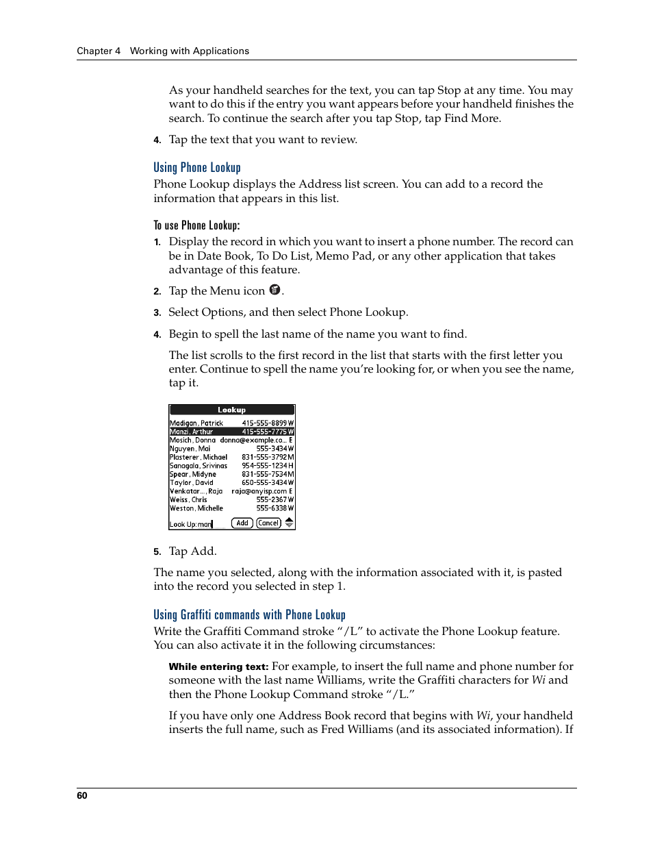 Using phone lookup, To use phone lookup, Using graffiti commands with phone lookup | Palm Tungsten T Handhelds User Manual | Page 70 / 290
