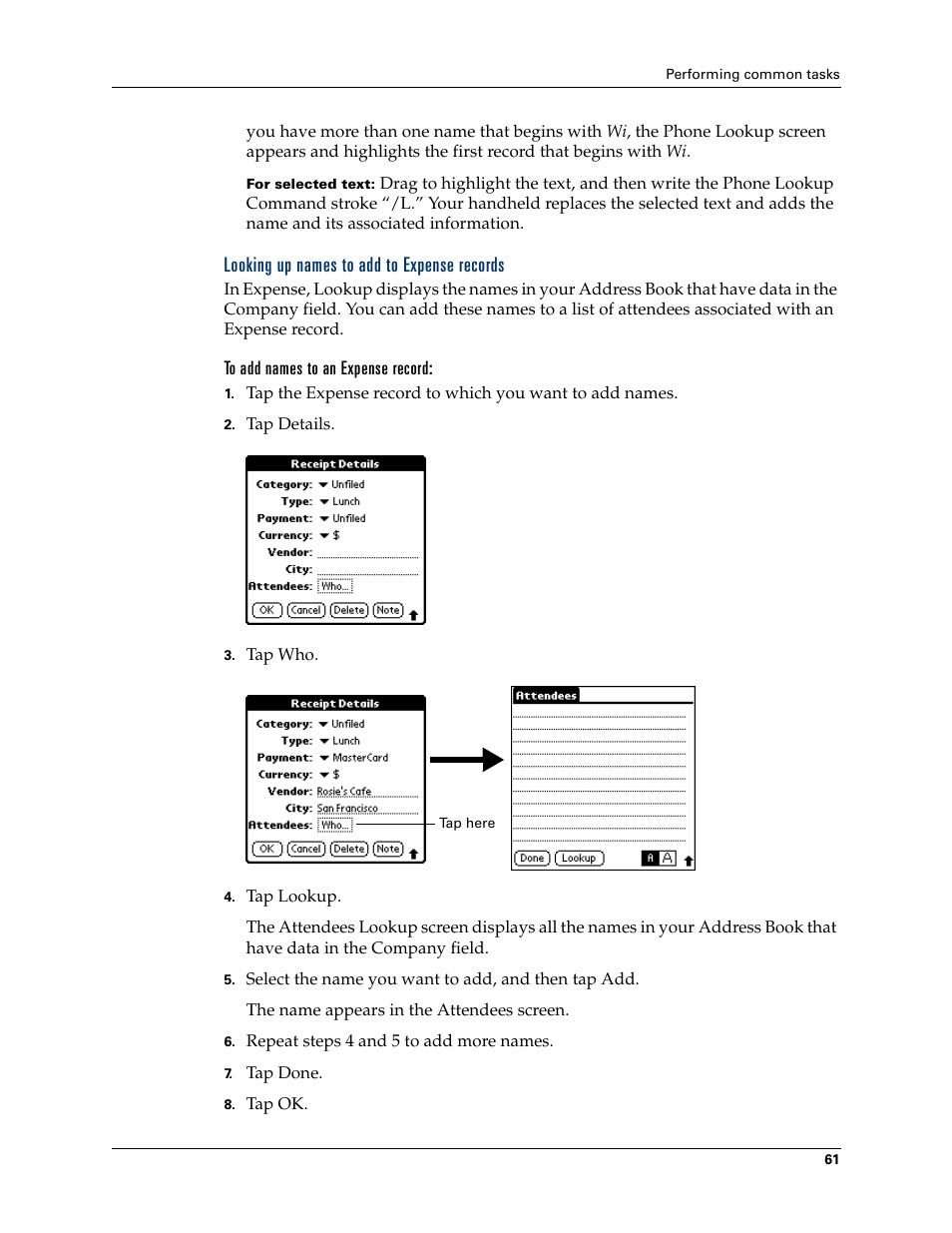 Looking up names to add to expense records, To add names to an expense record | Palm Tungsten T Handhelds User Manual | Page 71 / 290