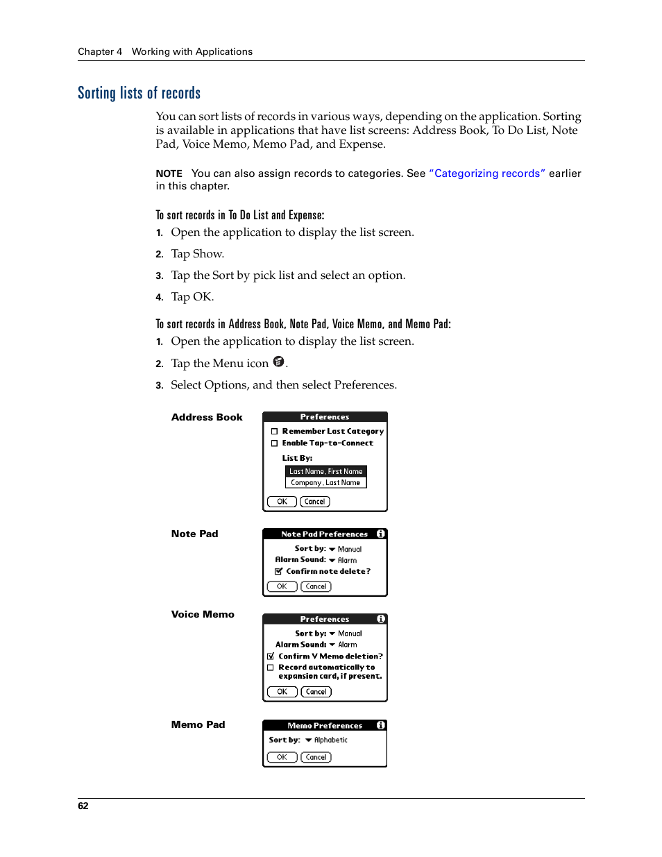 Sorting lists of records, To sort records in to do list and expense | Palm Tungsten T Handhelds User Manual | Page 72 / 290