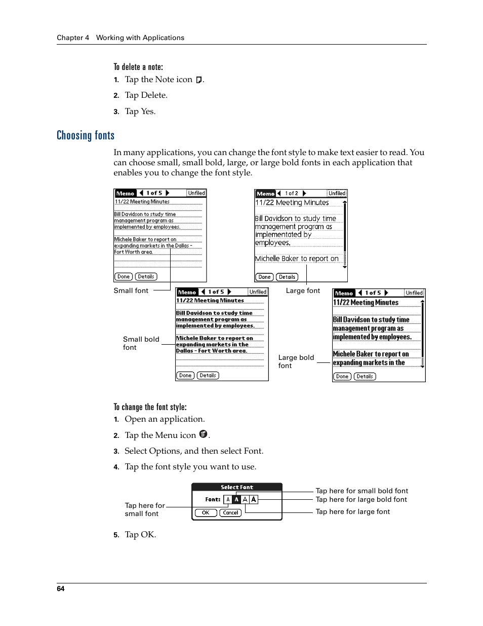 To delete a note, Choosing fonts, To change the font style | Palm Tungsten T Handhelds User Manual | Page 74 / 290