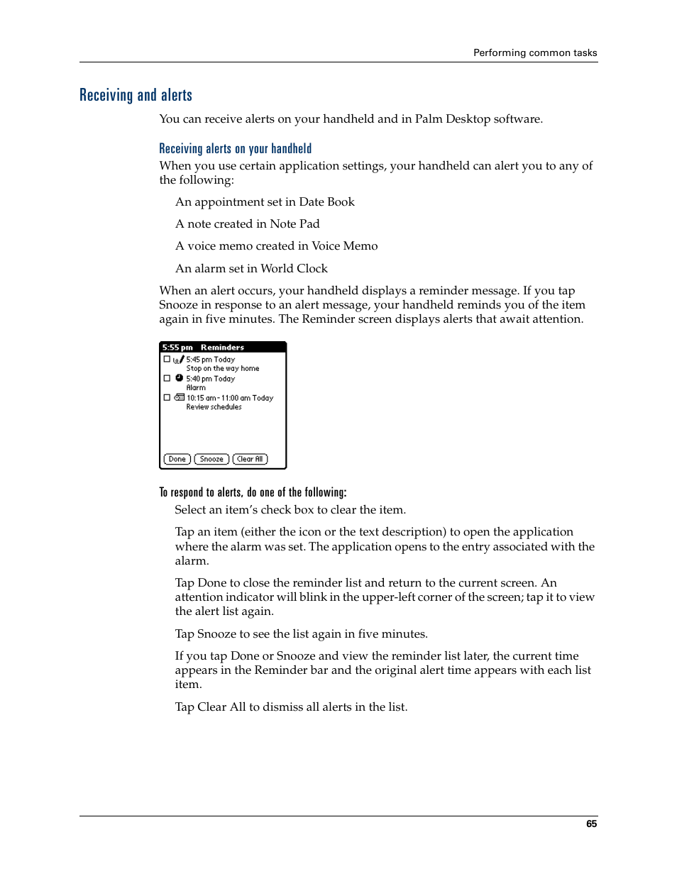 Receiving and alerts, Receiving alerts on your handheld, To respond to alerts, do one of the following | Palm Tungsten T Handhelds User Manual | Page 75 / 290