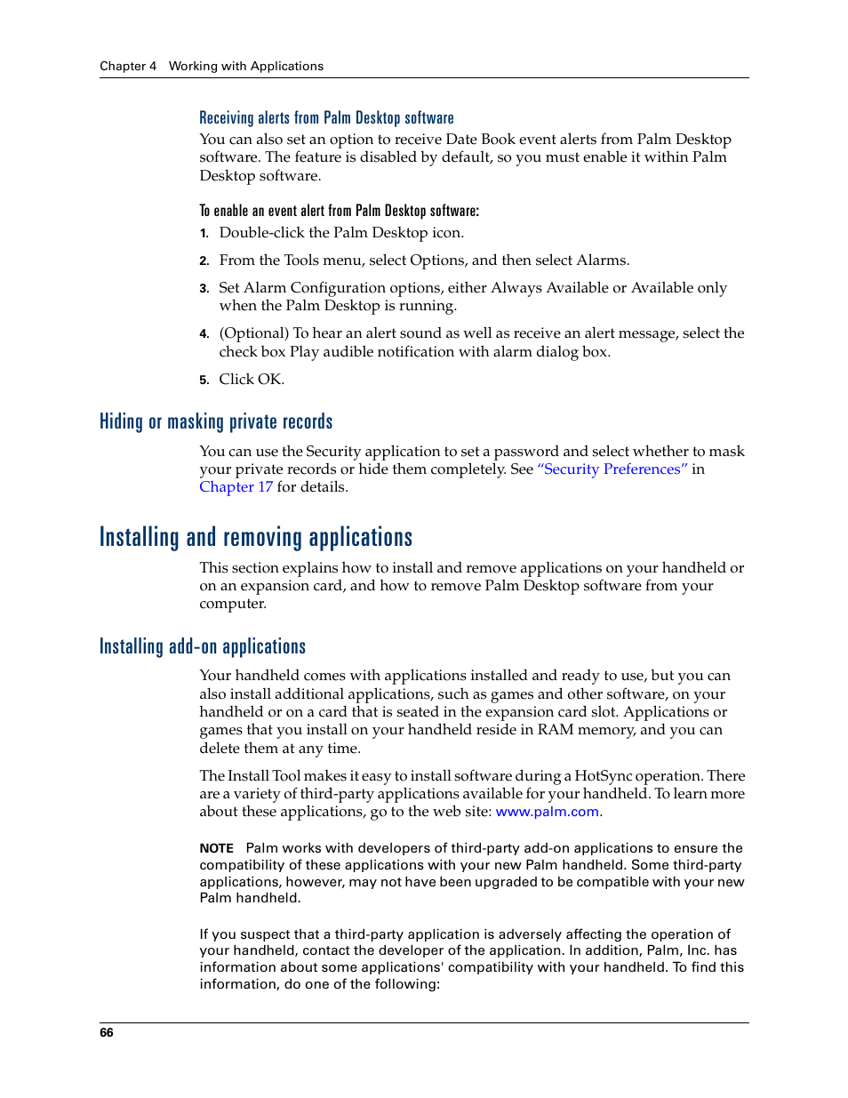 Receiving alerts from palm desktop software, Hiding or masking private records, Installing and removing applications | Installing add-on applications | Palm Tungsten T Handhelds User Manual | Page 76 / 290