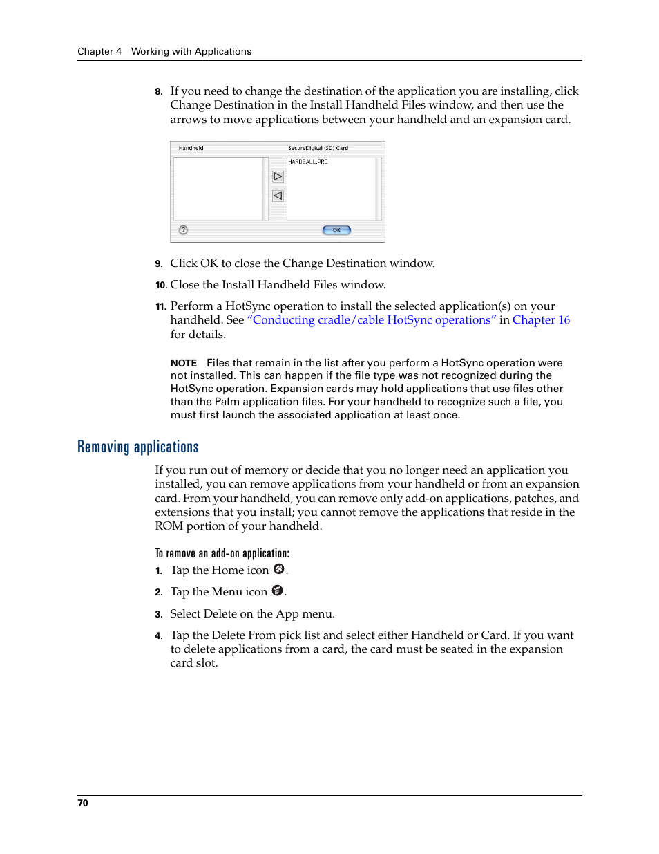 Removing applications, To remove an add-on application | Palm Tungsten T Handhelds User Manual | Page 80 / 290