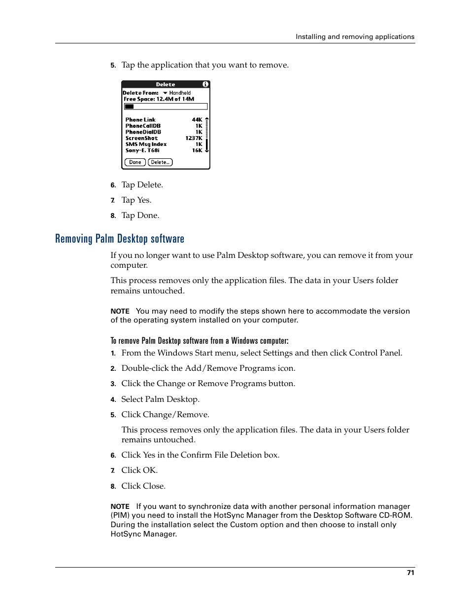 Removing palm desktop software | Palm Tungsten T Handhelds User Manual | Page 81 / 290