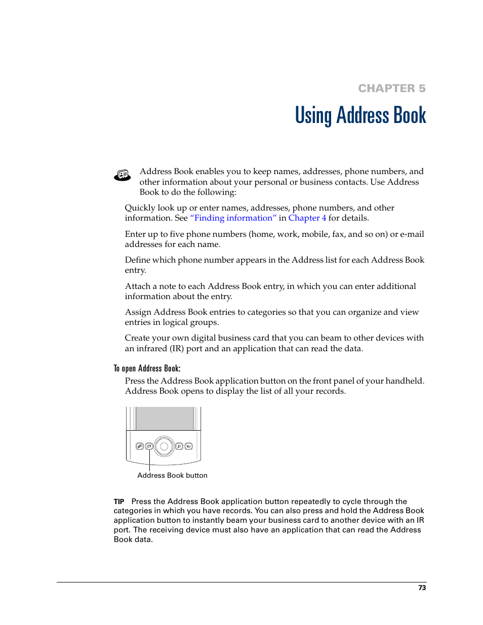 Using address book, To open address book, Chapter 5: using address book | Chapter 5 | Palm Tungsten T Handhelds User Manual | Page 83 / 290