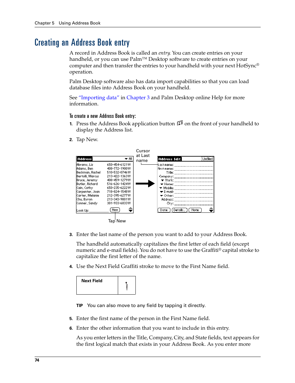 Creating an address book entry, To create a new address book entry | Palm Tungsten T Handhelds User Manual | Page 84 / 290