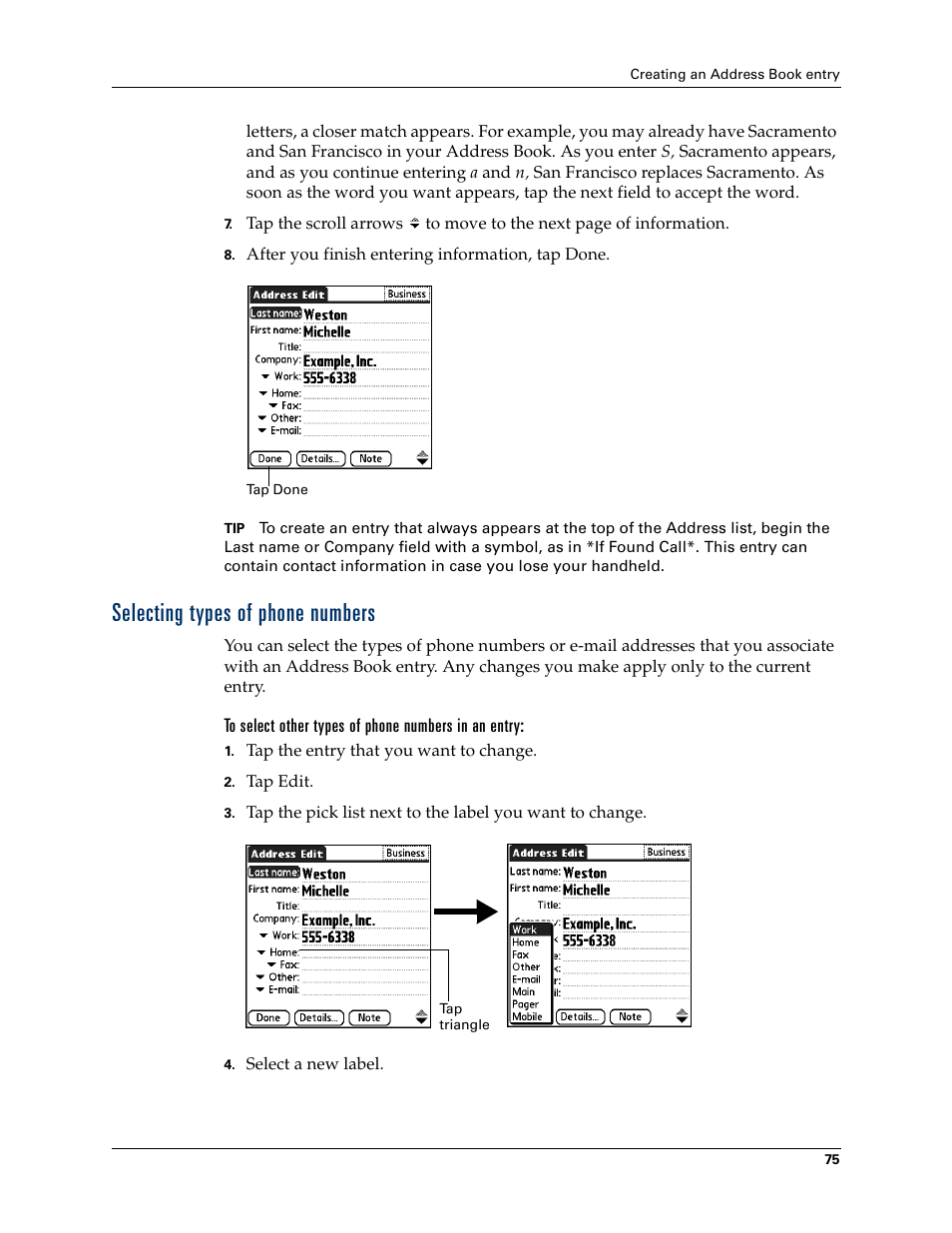 Selecting types of phone numbers, To select other types of phone numbers in an entry | Palm Tungsten T Handhelds User Manual | Page 85 / 290