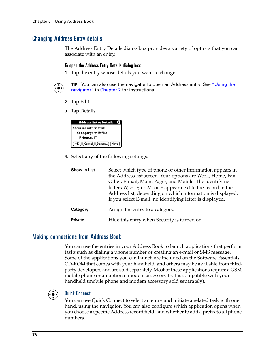 Changing address entry details, To open the address entry details dialog box, Making connections from address book | Quick connect | Palm Tungsten T Handhelds User Manual | Page 86 / 290