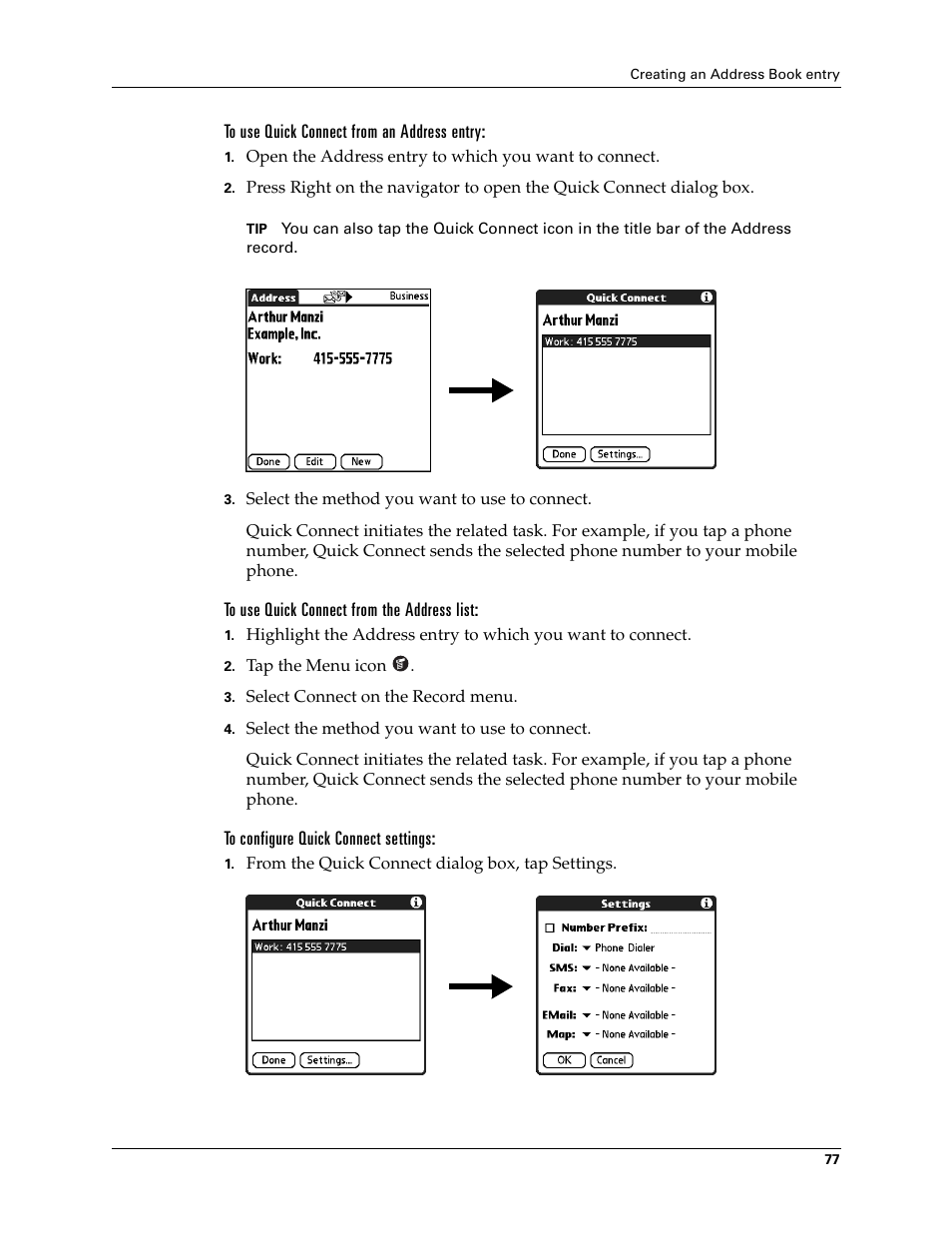 To use quick connect from an address entry, To use quick connect from the address list, To configure quick connect settings | Palm Tungsten T Handhelds User Manual | Page 87 / 290