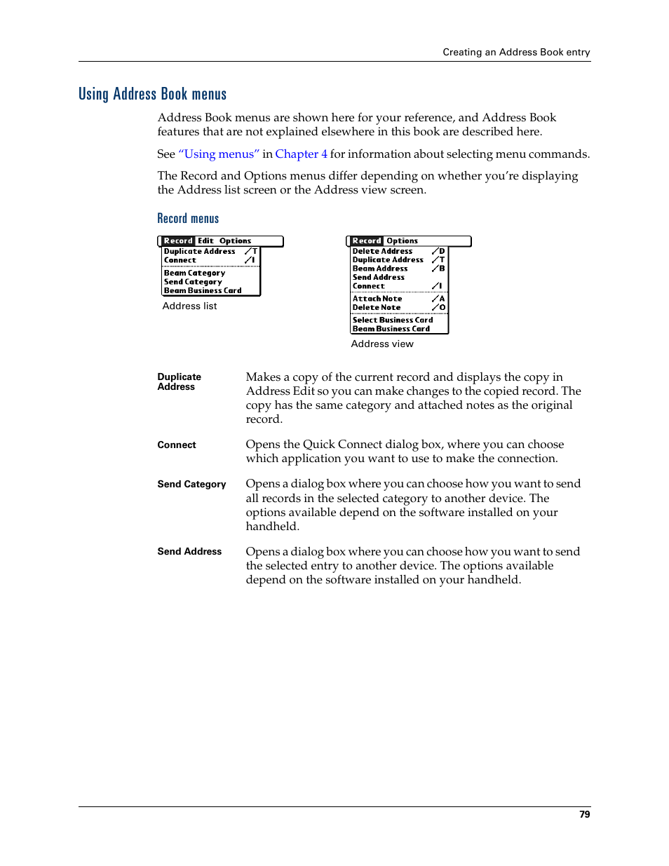 Using address book menus, Record menus | Palm Tungsten T Handhelds User Manual | Page 89 / 290