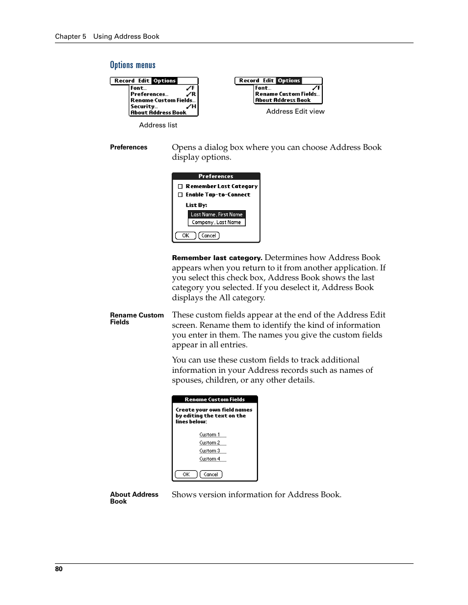 Options menus | Palm Tungsten T Handhelds User Manual | Page 90 / 290