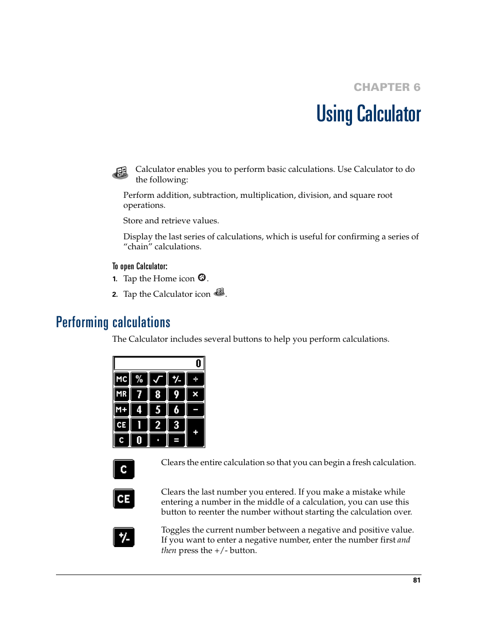 Using calculator, To open calculator, Performing calculations | Chapter 6: using calculator, Chapter 6 | Palm Tungsten T Handhelds User Manual | Page 91 / 290