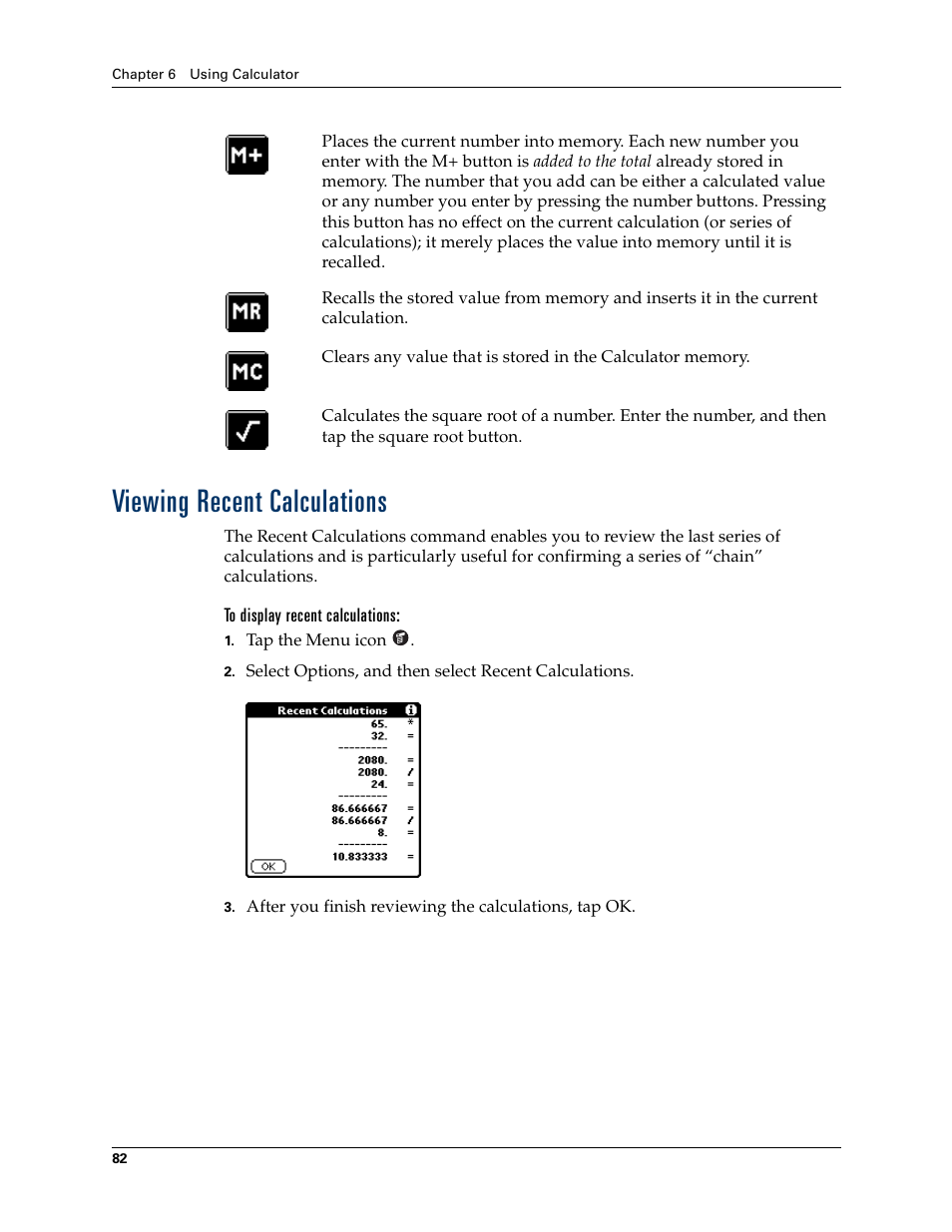 Viewing recent calculations, To display recent calculations | Palm Tungsten T Handhelds User Manual | Page 92 / 290