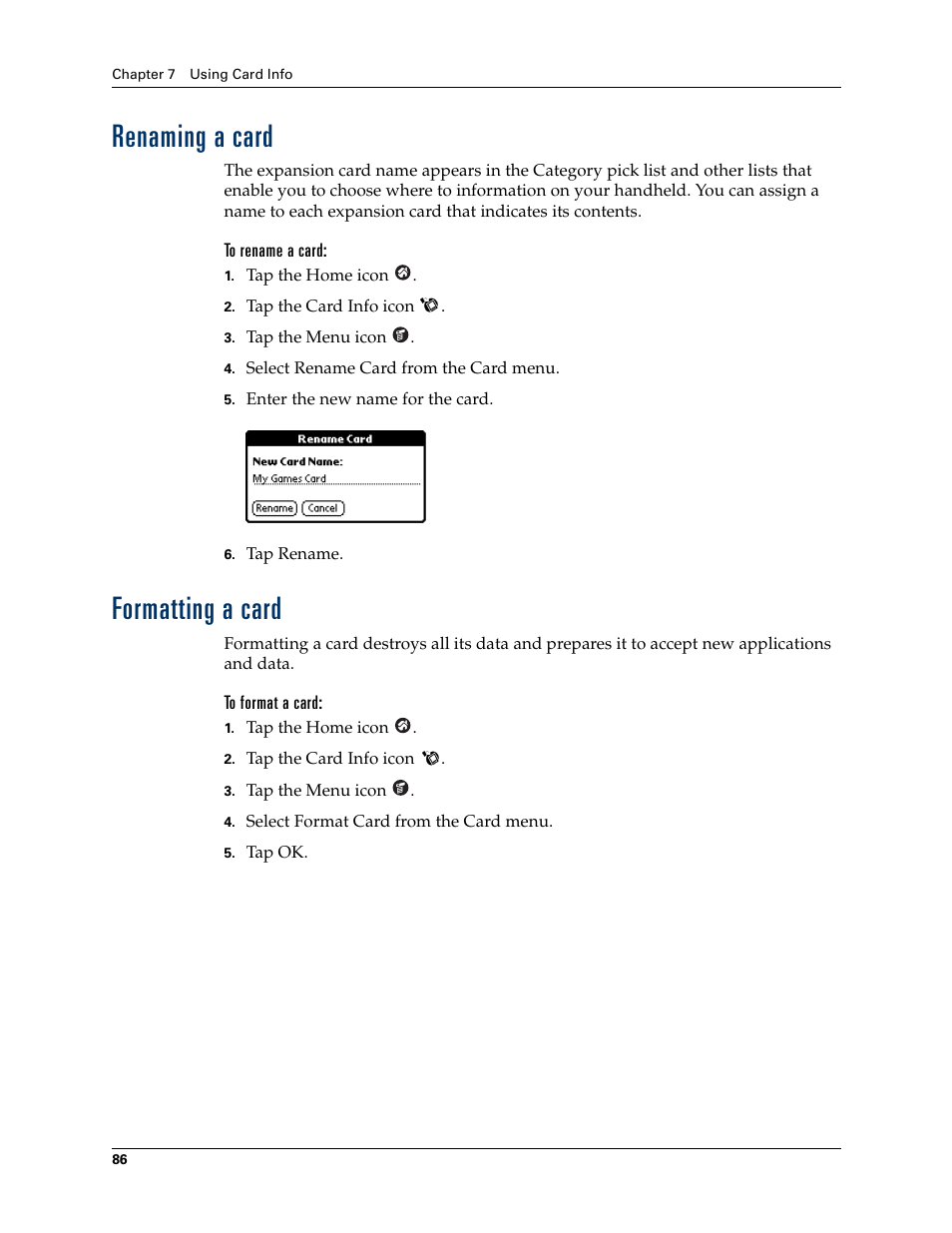 Renaming a card, To rename a card, Formatting a card | To format a card, Renaming a card formatting a card | Palm Tungsten T Handhelds User Manual | Page 96 / 290