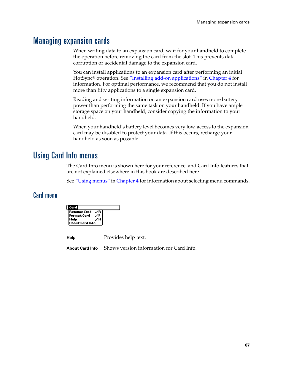 Managing expansion cards, Using card info menus, Card menu | Managing expansion cards using card info menus | Palm Tungsten T Handhelds User Manual | Page 97 / 290