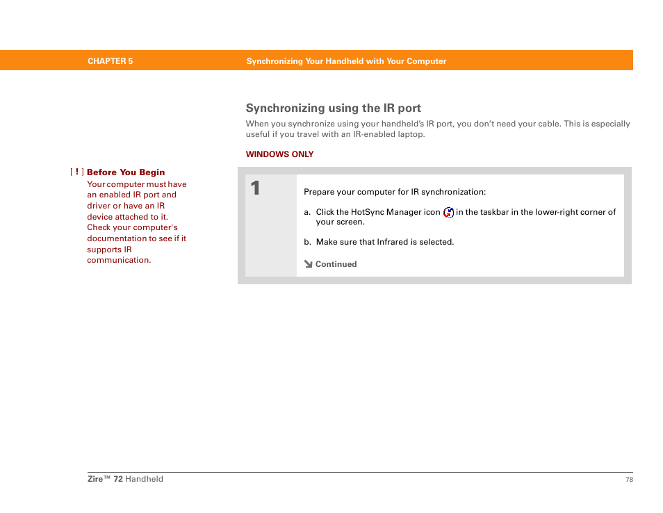 Synchronizing using the ir port | Palm Zire 72 User Manual | Page 100 / 706