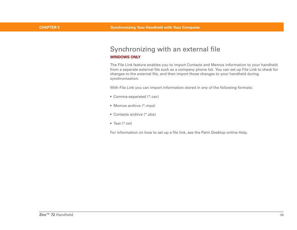 Synchronizing with an external file | Palm Zire 72 User Manual | Page 121 / 706