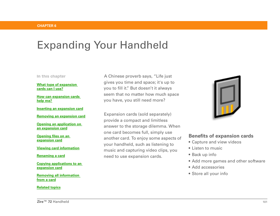 Expanding your handheld, Chapter 6: expanding your handheld | Palm Zire 72 User Manual | Page 123 / 706