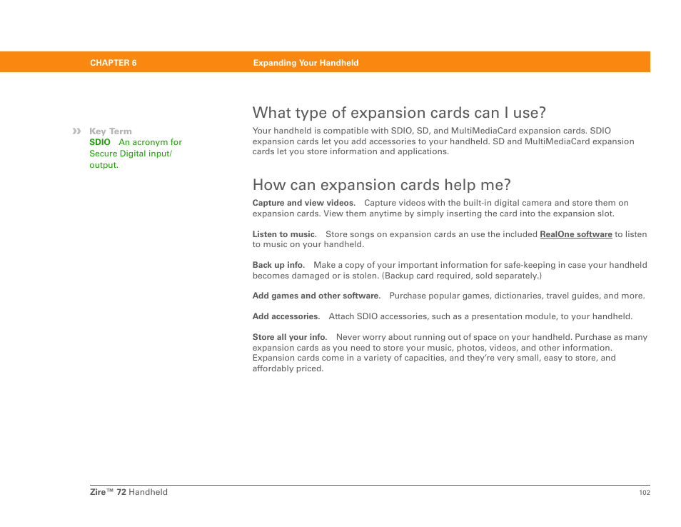 What type of expansion cards can i use, How can expansion cards help me | Palm Zire 72 User Manual | Page 124 / 706