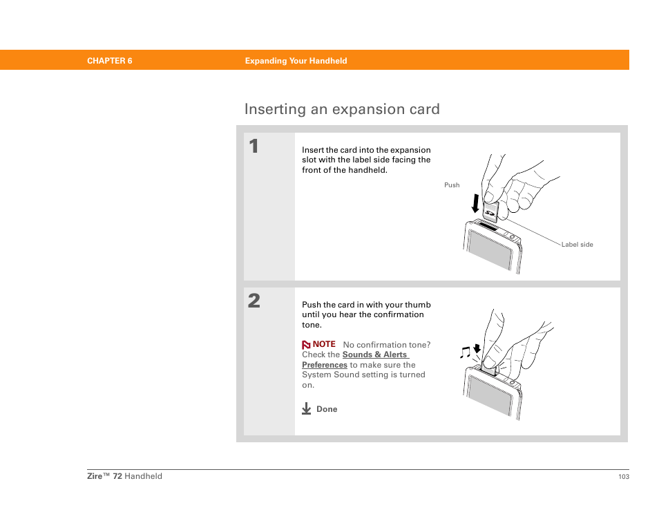 Inserting an expansion card | Palm Zire 72 User Manual | Page 125 / 706