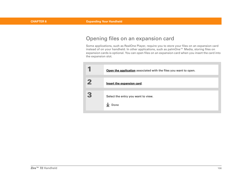 Opening files on an expansion card | Palm Zire 72 User Manual | Page 128 / 706