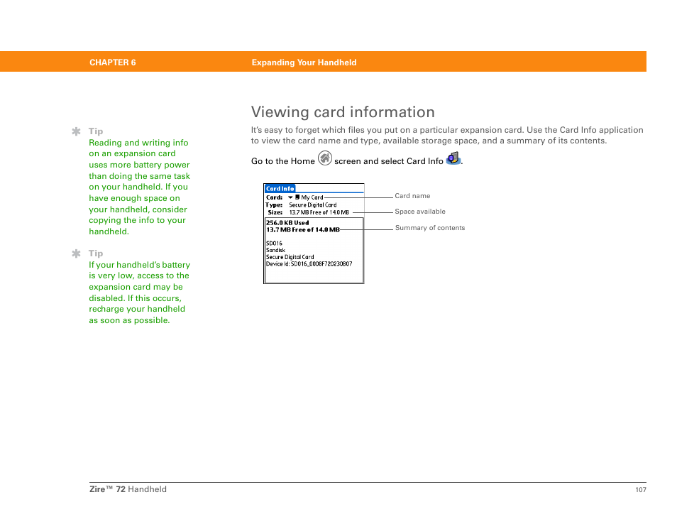 Viewing card information, Minimizing use of the expansion slot | Palm Zire 72 User Manual | Page 129 / 706