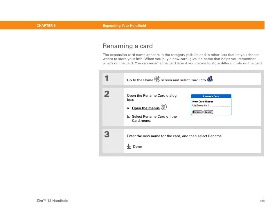 Renaming a card | Palm Zire 72 User Manual | Page 130 / 706